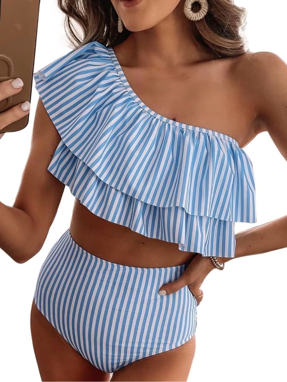 One-Shoulder Blue & White Stripe Ruffle High-Waist Bikini